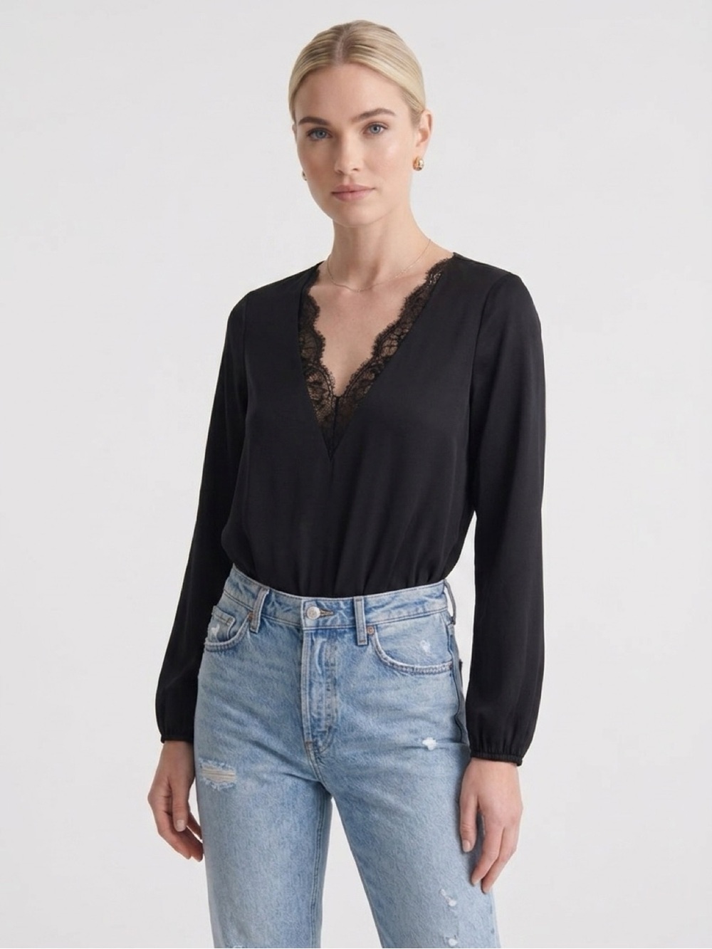 CAMI NYC silk blend satin lace v neck trim bodysuit size small black
